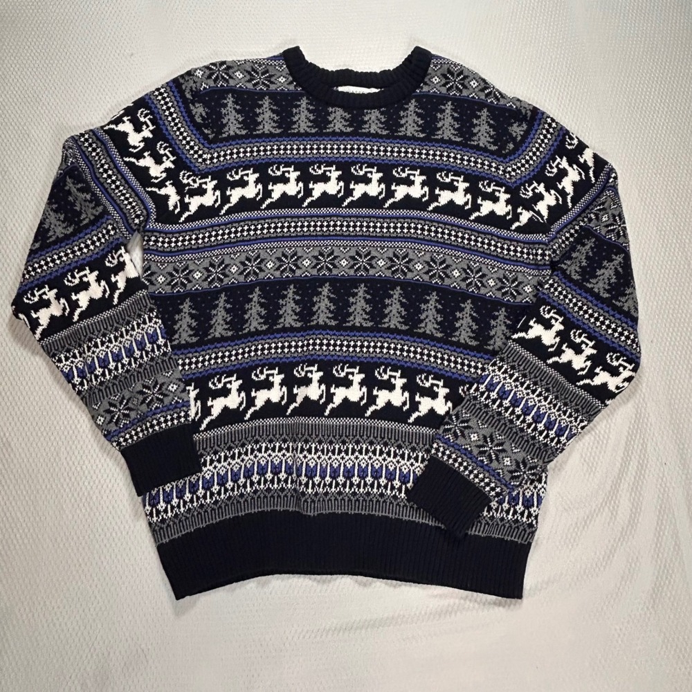 Aspen Mens L Fair‎ Isle Reindeer Cotton Knit Sweater Holiday Cabincore